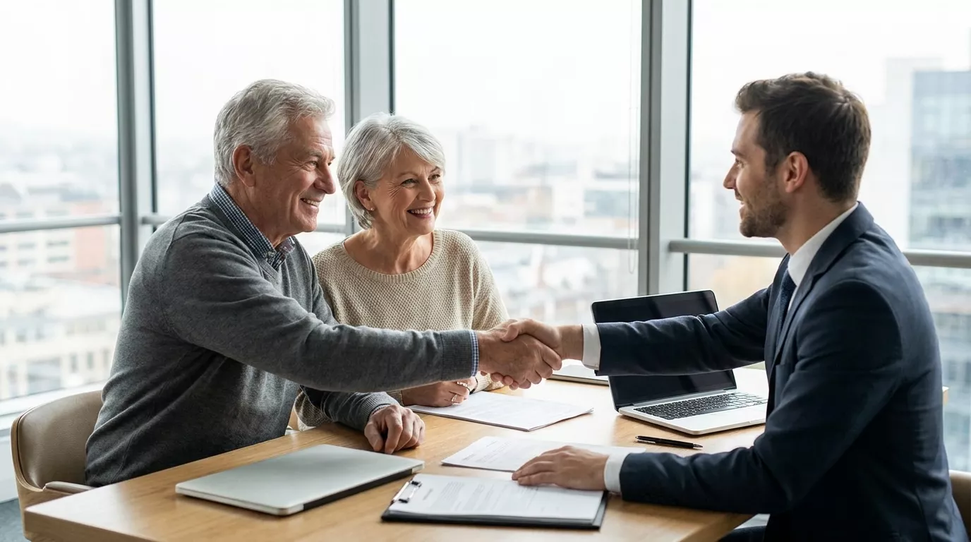 An older couple shaking hands with their financial advisor as they finalize a retirement plan